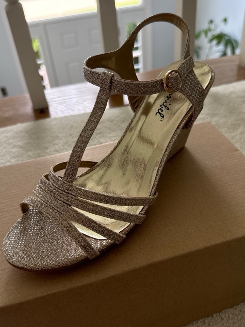 Bonnibel Gold Glitter T-Strap Wedge Sandal